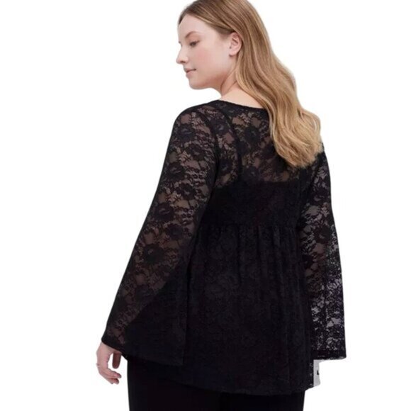 Torrid Babydoll Black Lace Long Sleeve Stretch‎ Top Womens Size 2 - Picture 2 of 8